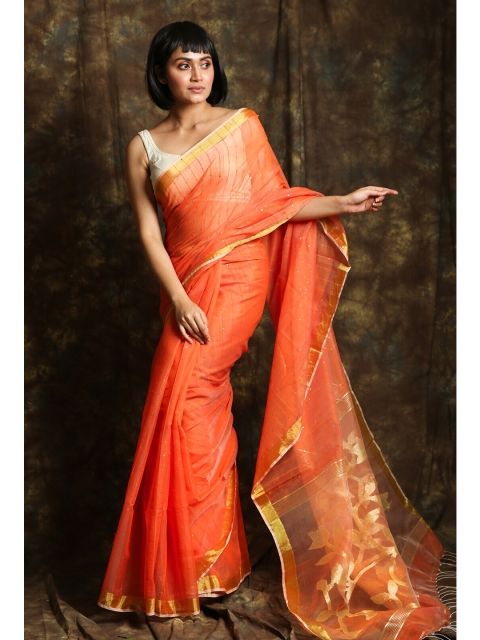 

Charukriti Orange & Gold-Toned Woven Design Zari Pure Cotton Saree