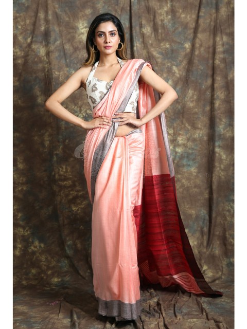 

Charukriti Peach-Coloured & Maroon Pure Cotton Saree
