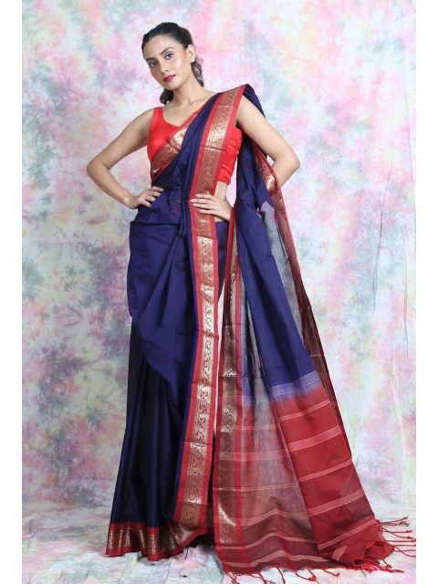

Charukriti Blue & Red Woven Design Zari Pure Cotton Saree