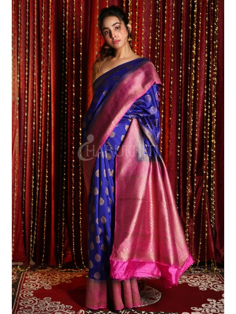 

Charukriti Blue & Gold-Toned Ethnic Motifs Zari Silk Cotton Saree