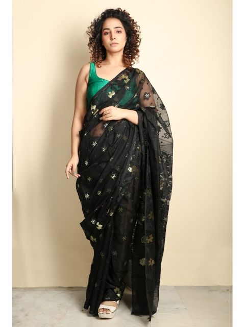 

Charukriti Black & Gold-Toned Floral Zari Silk Cotton Jamdani Saree