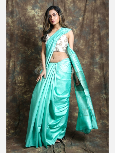 

Charukriti Teal Zari Pure Cotton Saree