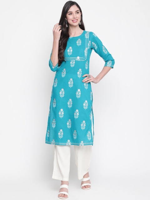 

GLAM ROOTS Women Turquoise Blue Ethnic Motifs Printed Kurta