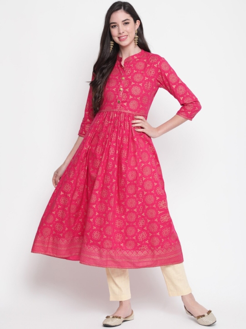 

GLAM ROOTS Women Pink & Gold-Coloured Ethnic Motifs Printed Cotton Kurta