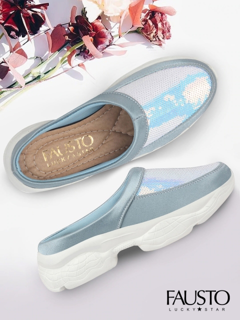 

FAUSTO Women Blue Sequinned Embellished PU Slip-On Sneakers