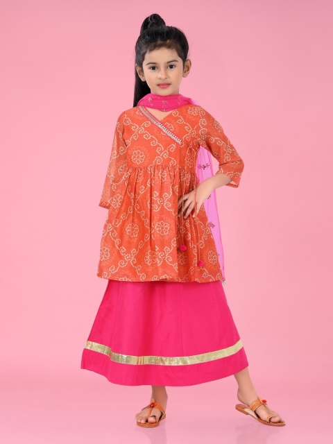 

Lil Peacock Girls Orange & Magenta Printed Ready to Wear Lehenga & Blouse With Dupatta