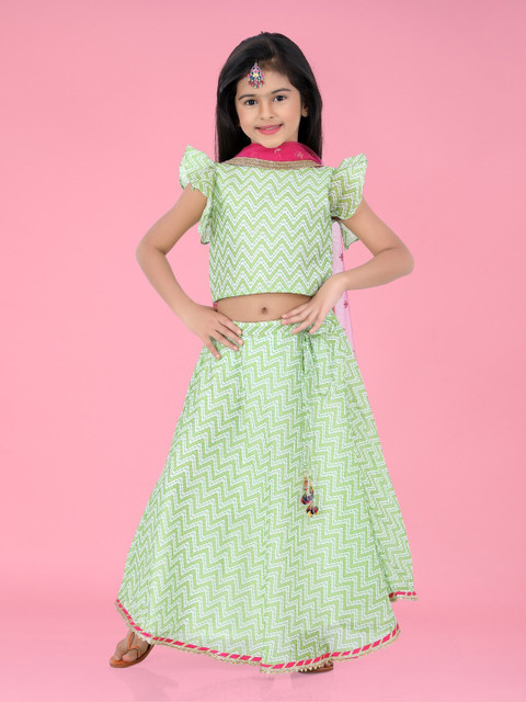 

Lil Peacock Girls Green Geometric Printed Ready to Wear Lehenga & Blouse With Dupatta