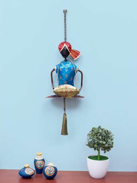 

Golden Peacock Blue & Red Rajasthani Turban Musician Bells Hanging Wall Decor