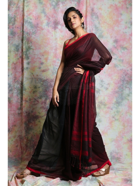 

Charukriti Black & Red Woven Design Pure Cotton Saree