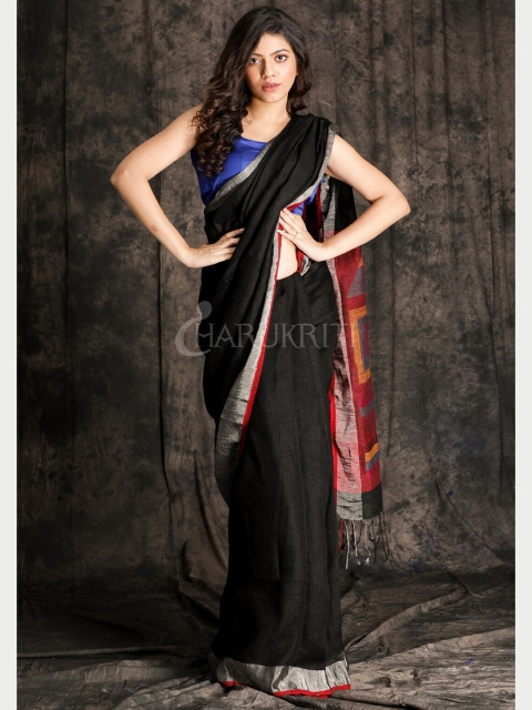 

Charukriti Women Silver-Toned & Black Woven Design Saree