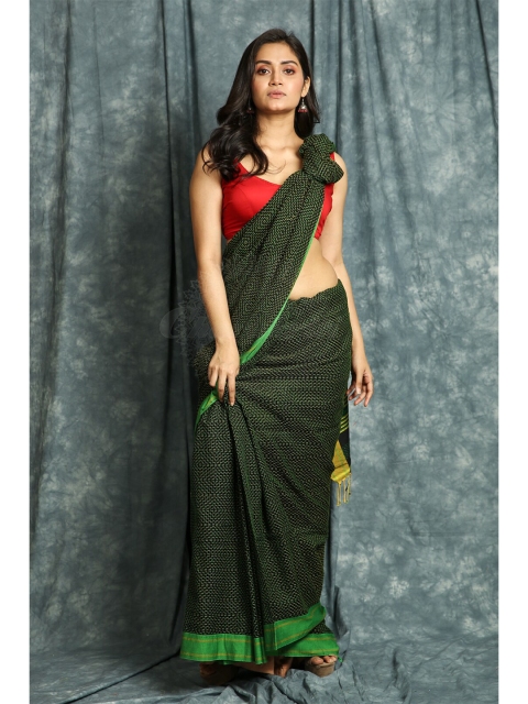 

Charukriti Black & Green Woven Design Saree