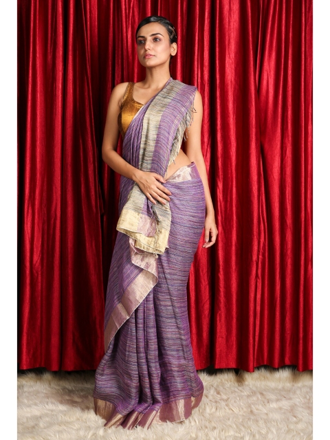 

Charukriti Violet & Gold-Toned Striped Zari Saree