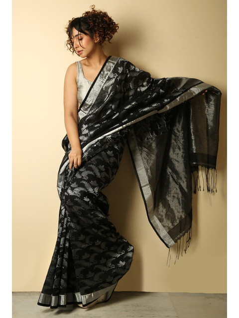 

Charukriti Black & Silver-Toned Floral Zari Pure Linen Saree