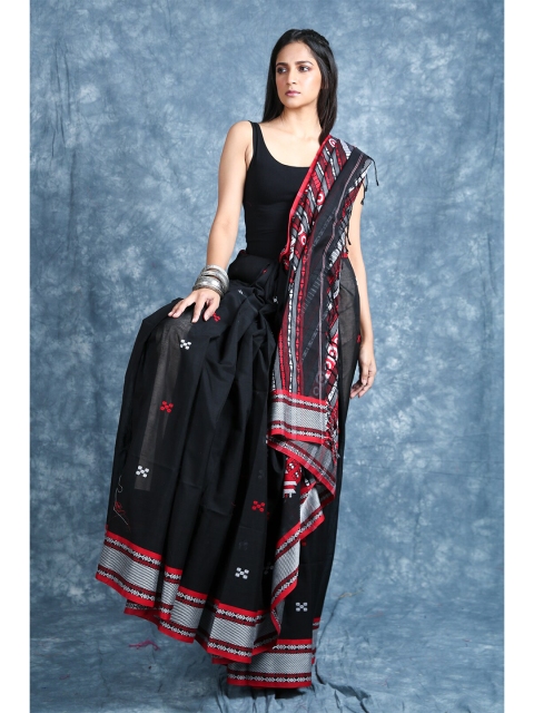 

Charukriti Black & Red Woven Design Zari Pure Cotton Saree