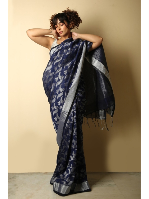

Charukriti Blue & Silver-Toned Woven Design Pure Linen Saree