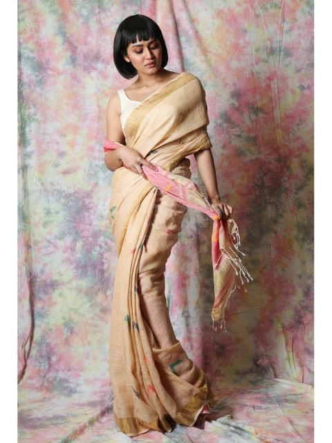 

Charukriti Beige & Pink Zari Pure Linen Saree