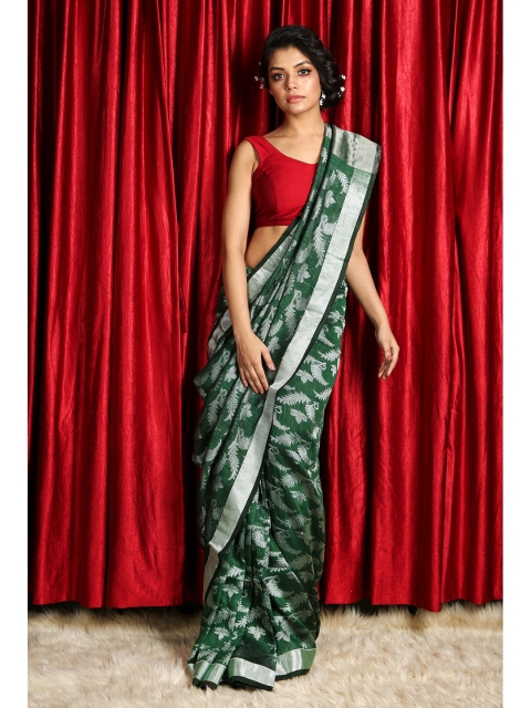 

Charukriti Green & Silver-Toned Woven Design Zari Pure Linen Saree