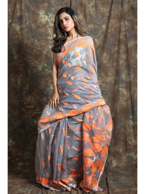 

Charukriti Grey & Orange Woven Design Silk Cotton Jamdani Saree