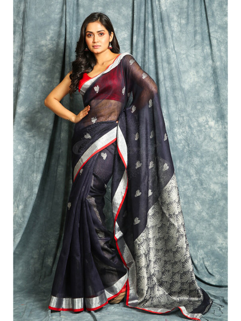 

Charukriti Blue & Silver-Toned Woven Design Zari Saree