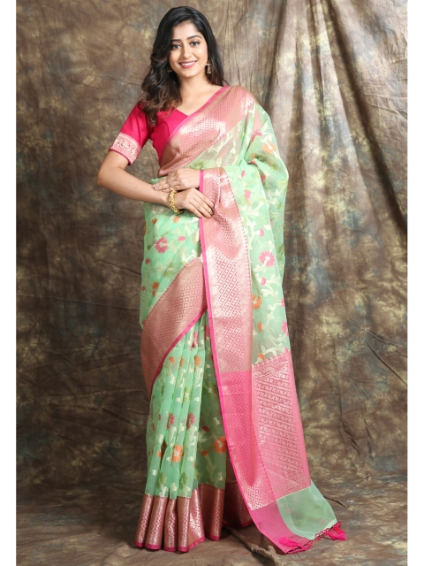 

Charukriti Green & Pink Woven Design Zari Organza Saree