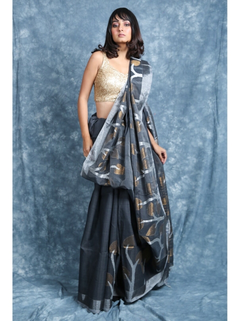 

Charukriti Grey & Silver-Toned Woven Design Zari Saree