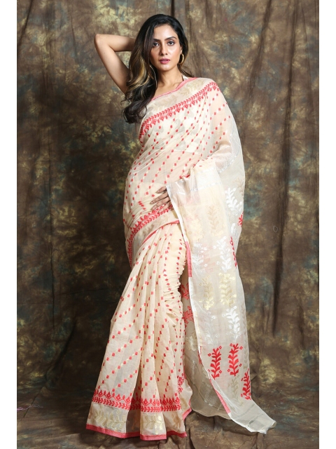 

Charukriti Beige & Red Woven Design Zari Silk Cotton Jamdani Saree