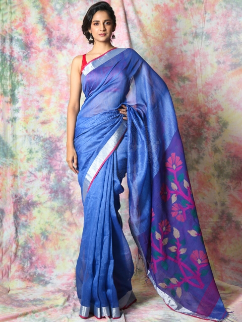 

Charukriti Blue & Magenta Zari Pure Linen Saree