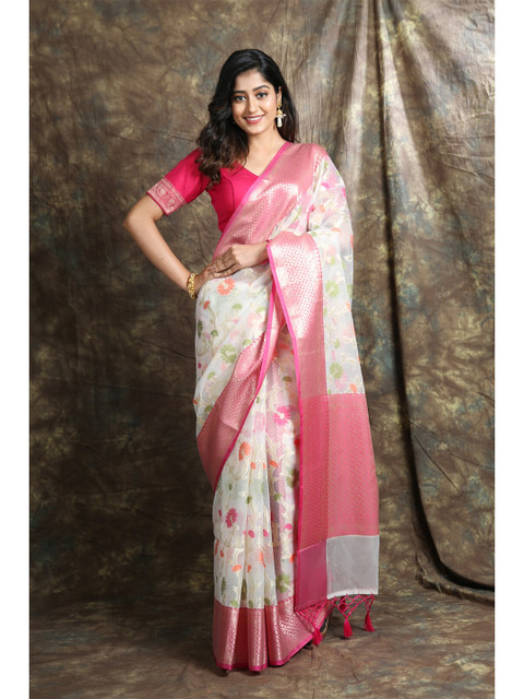 

Charukriti White & Pink Woven Design Zari Organza Saree