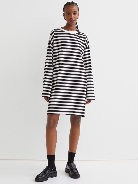 

H&M Black & White Striped Long-Sleeved Pure Cotton Jersey Dress