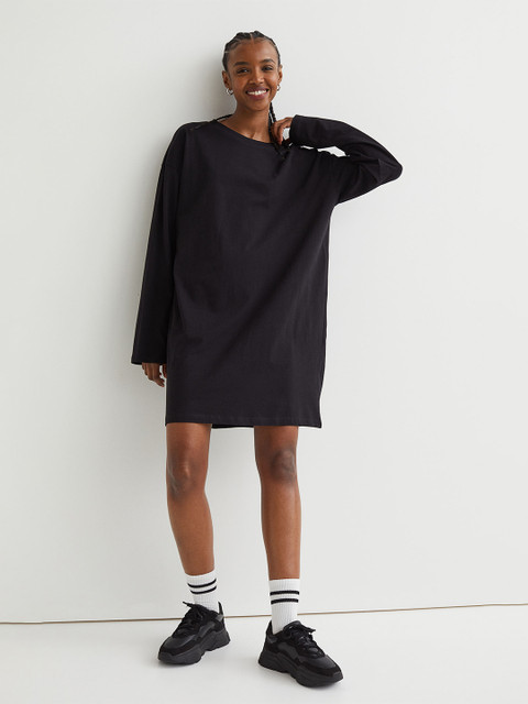 

H&M Women Black Solid Long-Sleeved Cotton Jersey Dress