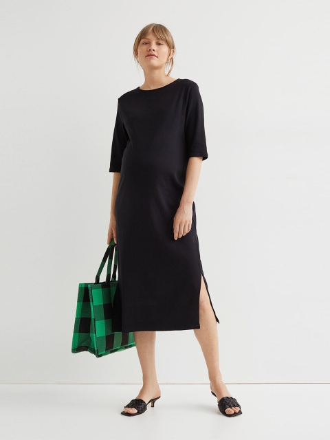 

H&M MAMA Calf-Length Cotton Dress, Black