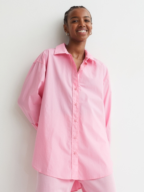 

H&M Women Pink Relaxed Fit Pure Cotton Poplin Shirt
