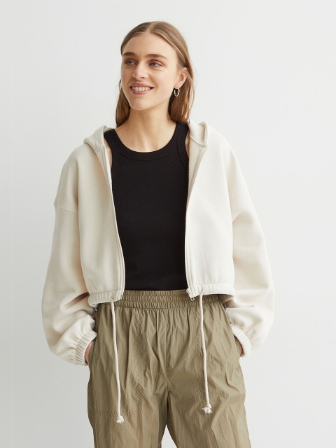 

H&M Women Beige Drawstring Zip Through Hoodie