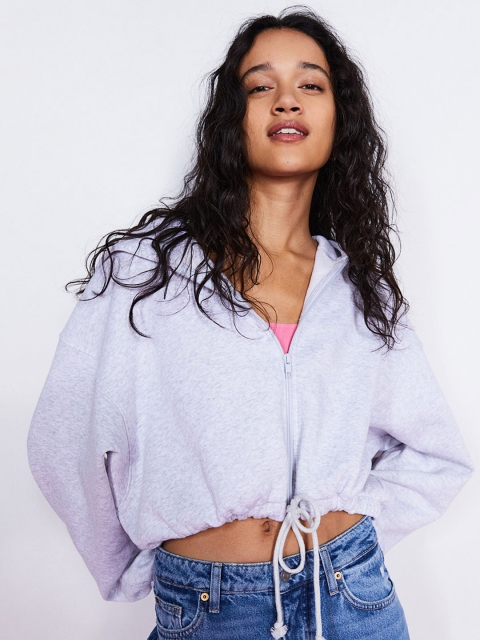 

H&M Women Grey Melange Drawstring Zip-Through Hoodie
