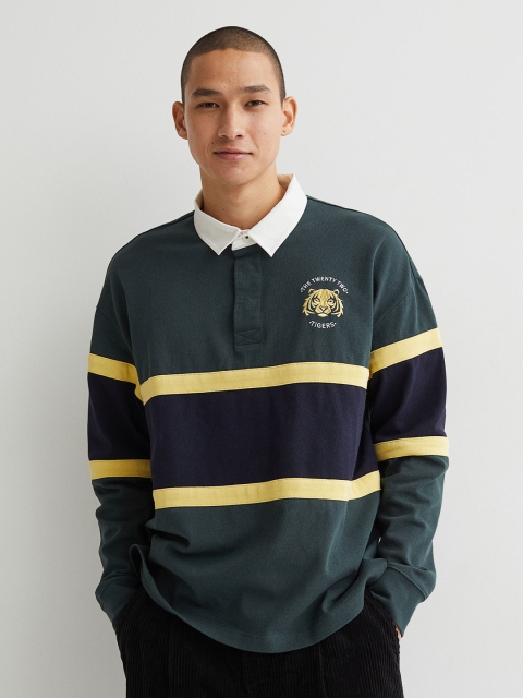 

H&M Men Green & Navy Blue Colourblocked Embroidered-Detail Cotton Rugby Shirt
