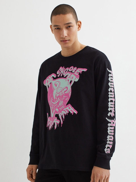 

H&M Men Black Printed Oversized Jersey Top
