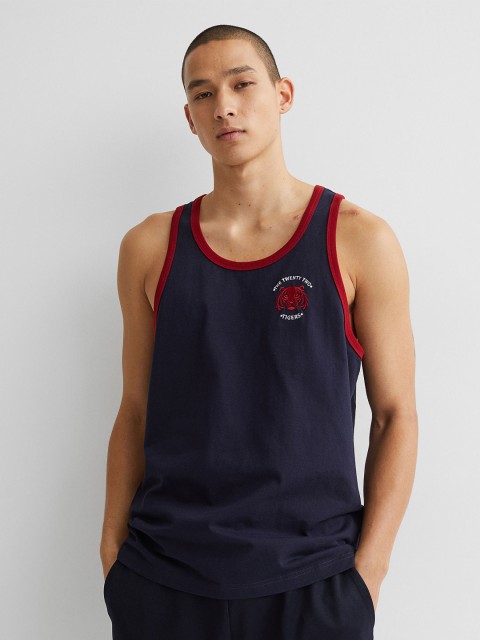 

H&M Men Navy Blue & Red Embroidered-Detail Pure Cotton Vest Top