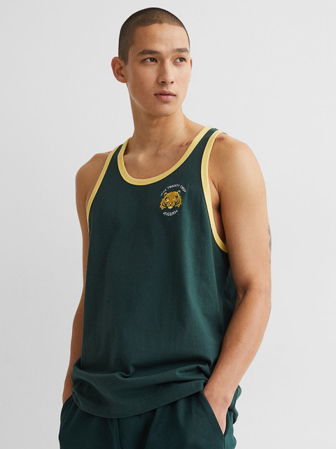 

H&M Men Green Embroidered-detail Vest Top