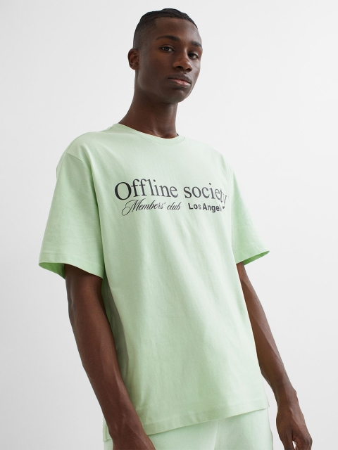 

H&M Men Green Relaxed Fit Printed Pure Cotton T-Shirt