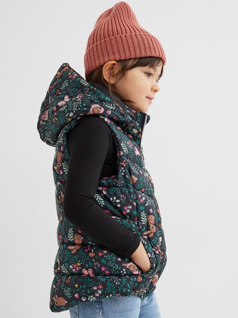 

H&M Girls Charcoal Grey & Green Printed Hooded Puffer Gilet