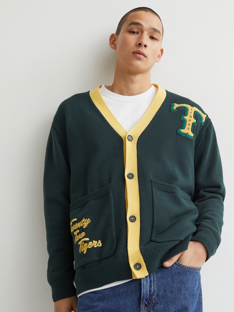

H&M Men Green Embroidery Detail Cardigan