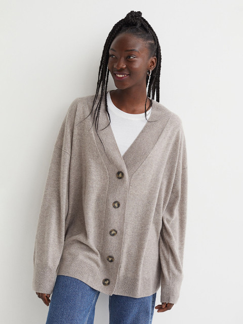 

H&M Women Beige Fine-knit Cashmere Cardigan
