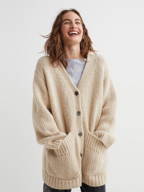 

H&M Women Beige Wool Blend Cardigan