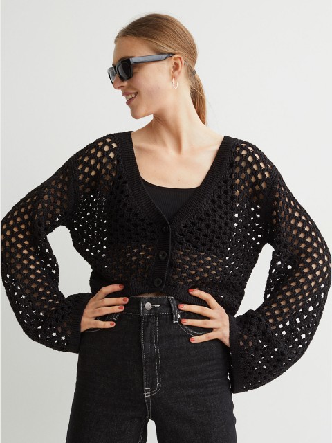 

H&M Women Black Hole-Knit Cardigan