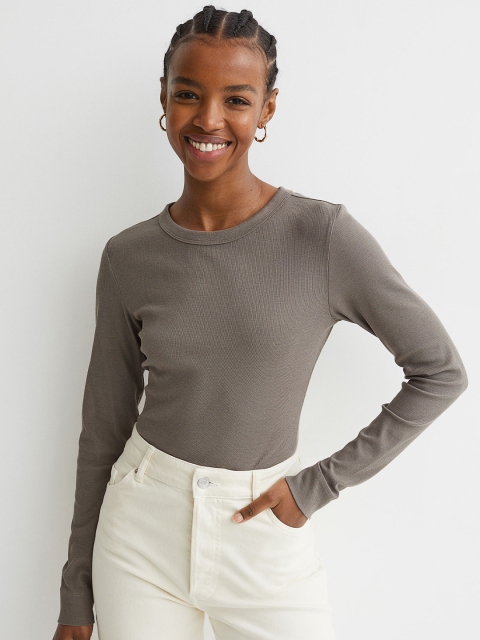 

H&M Grey & Beige Ribbed Modal-Blend Top