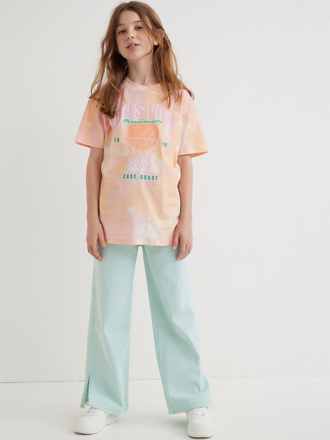 

H&M Girls Peach Coloured & Green Wide High twill trousers