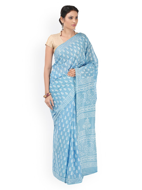 

Kalakari India Blue Dabu Hand Block Print Handcrafted Cotton Saree