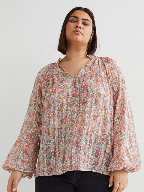 

H&M Plus Women Multicoloured Ditsy Floral Printed Tie-neck Blouse, Multi