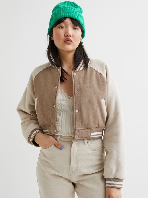 

H&M Women Beige & Off-White Cropped Baseball Jacket