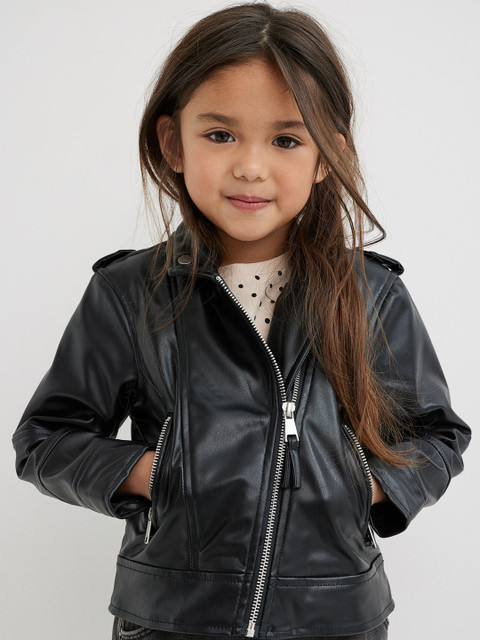 

H&M Girls Black Biker Jacket With Diagonal Zip Detail